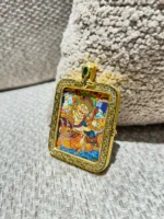 White Dzambhala Thangka Pendant | One of the Five Wealth Gods | Semi-Hand-Painted Micro Thangka