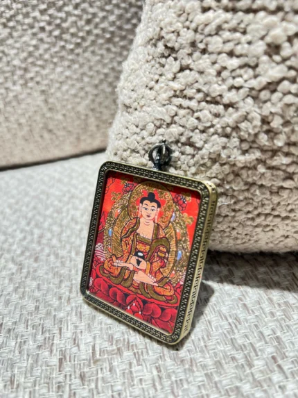 Handcrafted Red Thangka Amitabha Buddha Pendant Necklace – Buddhist Artwork, Spiritual Amulet, Tibetan Jewelry