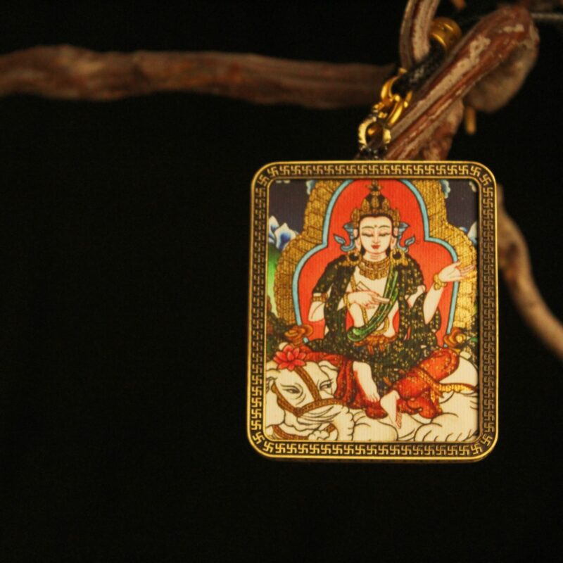 Handcrafted Elephant-Seated Deity Thangka Pendant Necklace – Traditional Tibetan Buddhist Art Piece, Ideal for Collection & Decoration