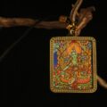 Handcrafted Green-Hued Deity Thangka Pendant Necklace