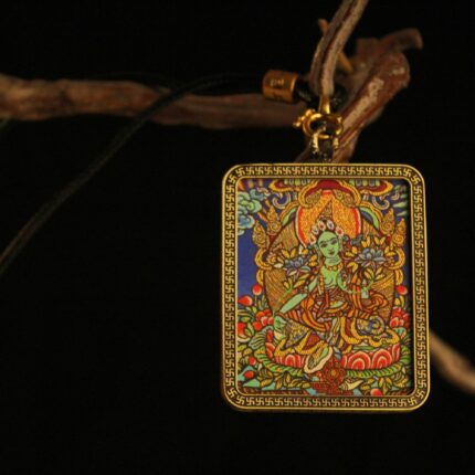 Handcrafted Green-Hued Deity Thangka Pendant Necklace