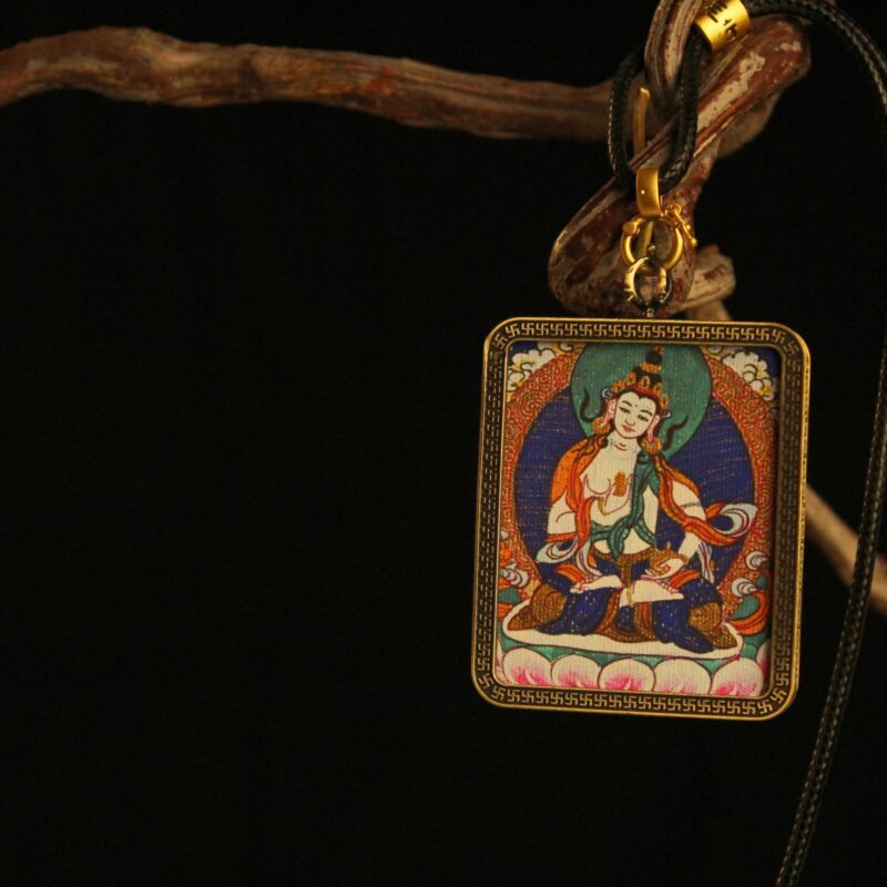 Handcrafted Seated Female Bodhisattva Thangka Pendant Necklace