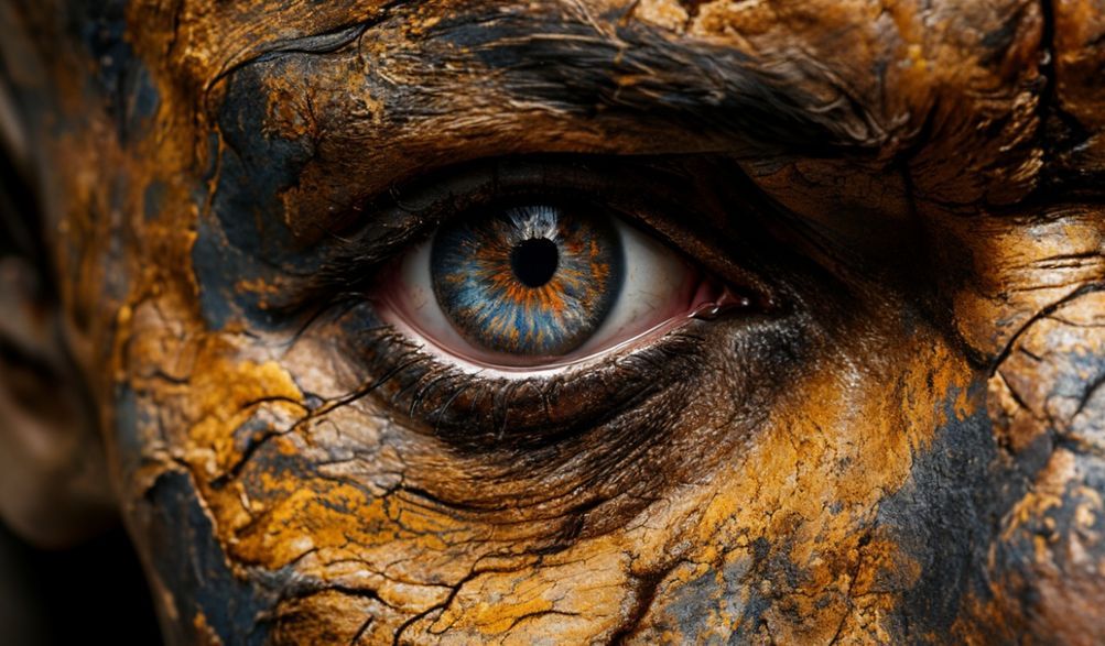 Human Skin Thangka: A Guide to Tantric Sacred Art 6 - Tanfog Macro detail of a wrathful deity's eye on a human skin thangka, showing pigment texture.