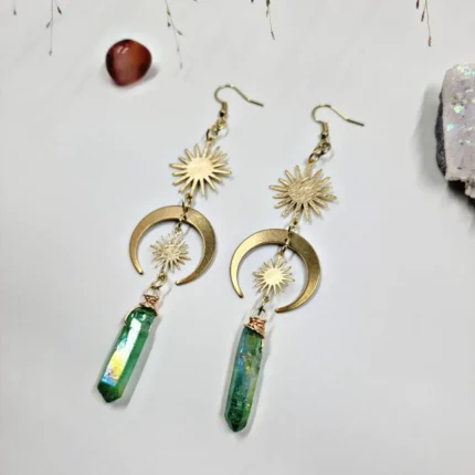 Sun & Moon Green Aura Quartz Earrings - Celestial Boho