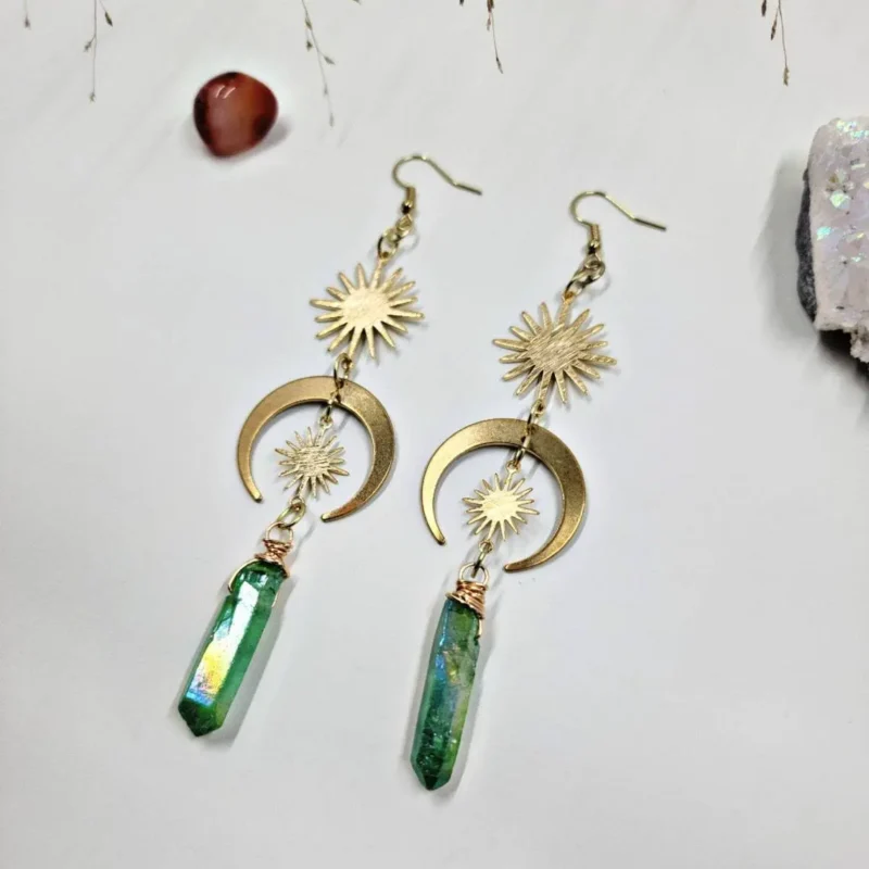 Sun & Moon Green Aura Quartz Earrings - Celestial Boho