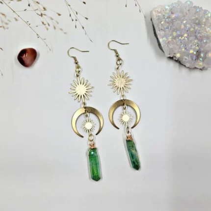 Sun & Moon Green Aura Quartz Earrings - Celestial Boho