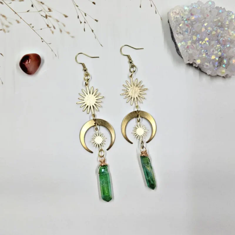 Sun & Moon Green Aura Quartz Earrings - Celestial Boho