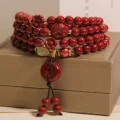 Handcrafted Natural Red Cinnabar 4-Wrap Bracelet Double Fish & Safety Buckle Amulet