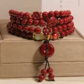 Handcrafted Natural Red Cinnabar 4-Wrap Bracelet Double Fish & Safety Buckle Amulet