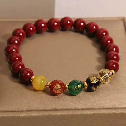 Handcrafted Natural Red Cinnabar Bracelet Five-Way Wealth God Amulet for Prosperity & Protection