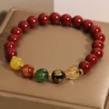 Handcrafted Natural Red Cinnabar Bracelet Five-Way Wealth God Amulet for Prosperity & Protection