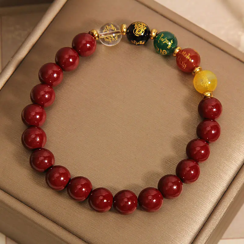 Handcrafted Natural Red Cinnabar Bracelet Five-Way Wealth God Amulet for Prosperity & Protection