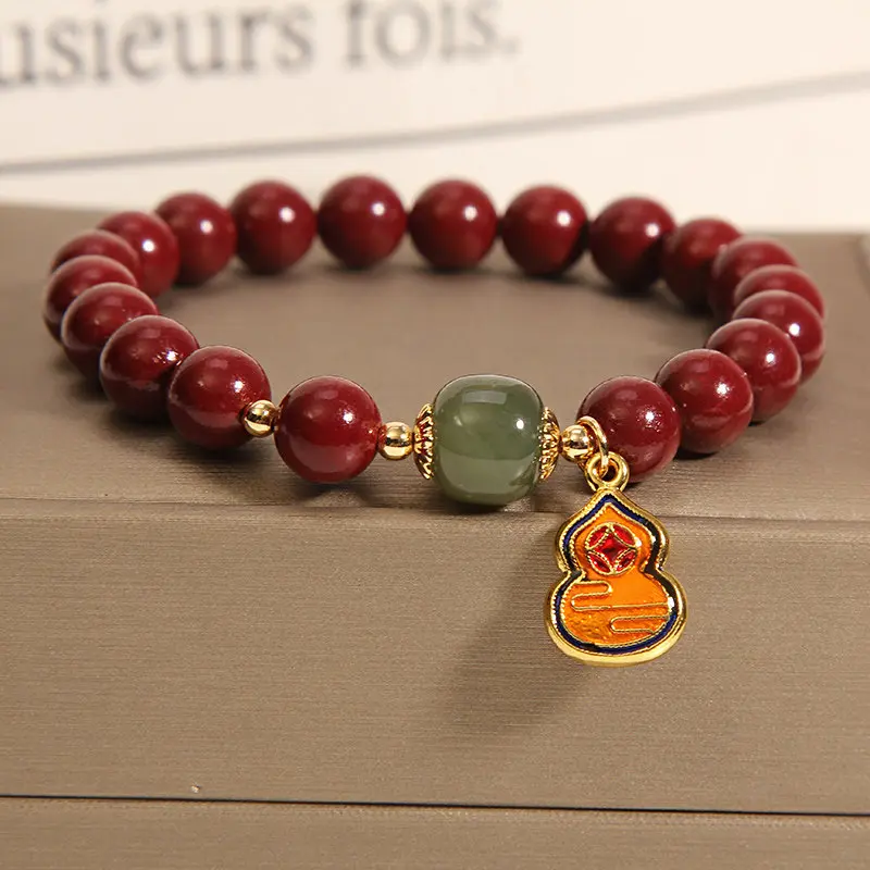 Handcrafted Natural Red Cinnabar Bracelet Gourd (Hulu) Amulet for Protection & Prosperity