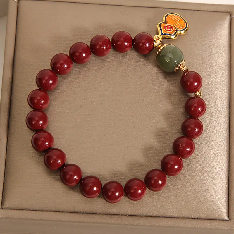 Handcrafted Natural Red Cinnabar Bracelet Gourd (Hulu) Amulet for Protection & Prosperity