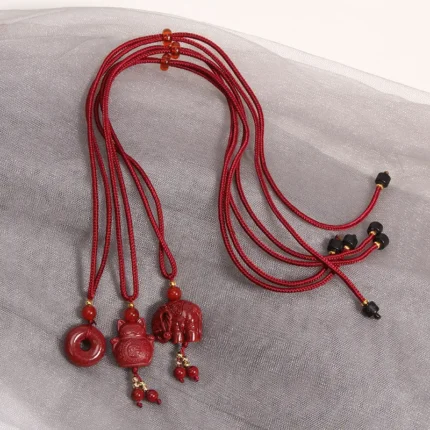 Handcrafted Natural Red Cinnabar Necklace Safety Buckle, Elephant & Lucky Cat Amulets