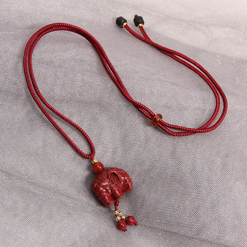 Handcrafted Natural Red Cinnabar Necklace Safety Buckle, Elephant & Lucky Cat Amulets