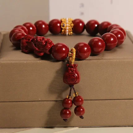 Handcrafted Natural Red Cinnabar Pixiu Bracelet Lucky Bag Amulet for Wealth & Protection