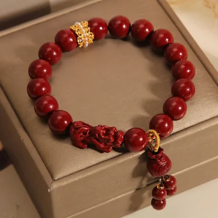Handcrafted Natural Red Cinnabar Pixiu Bracelet Lucky Bag Amulet for Wealth & Protection
