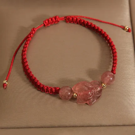 Strawberry Quartz Fox Red String Bracelet - Love & Luck