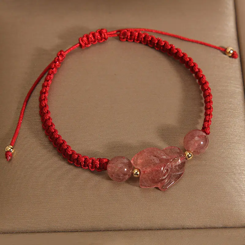 Strawberry Quartz Fox Red String Bracelet - Love & Luck