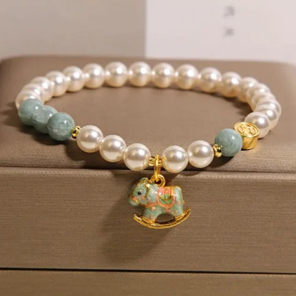 Blue Jadeite & Pearl Horse Bracelet - Peace & 2026 Luck