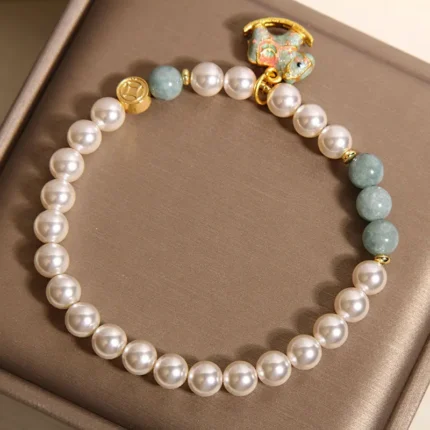 Blue Jadeite & Pearl Horse Bracelet - Peace & 2026 Luck