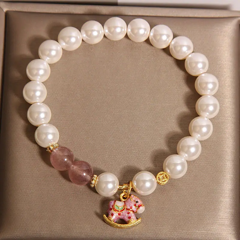 Strawberry Quartz & Pearl Horse Bracelet - Joy & Grace