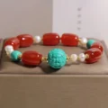 Red Agate Wealth Bracelet - Turquoise Caishen & Pearls