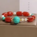 Red Agate Wealth Bracelet - Turquoise Caishen & Pearls - Image 3