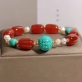 Red Agate Wealth Bracelet - Turquoise Caishen & Pearls - Image 5