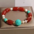 Red Agate Wealth Bracelet - Turquoise Caishen & Pearls - Image 4