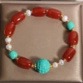 Red Agate Wealth Bracelet - Turquoise Caishen & Pearls - Image 2
