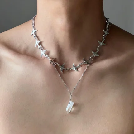 Tanfog Bohemian Double Layer Bird Necklace | Raw White Quartz Crystal Amulet
