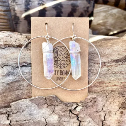 Tanfog Raw Clear Quartz Hoop Earrings | Bohemian Wire Wrapped Crystal Dangles