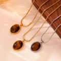 Tanfog Vintage Oval Medallion Necklace | Natural Tiger's Eye & Black Agate Pendant
