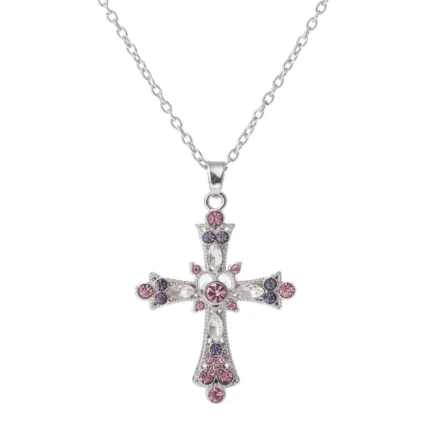 Tanfog Vintage Pink & Purple Crystal Cross Necklace | Baroque Style Fashion Pendant